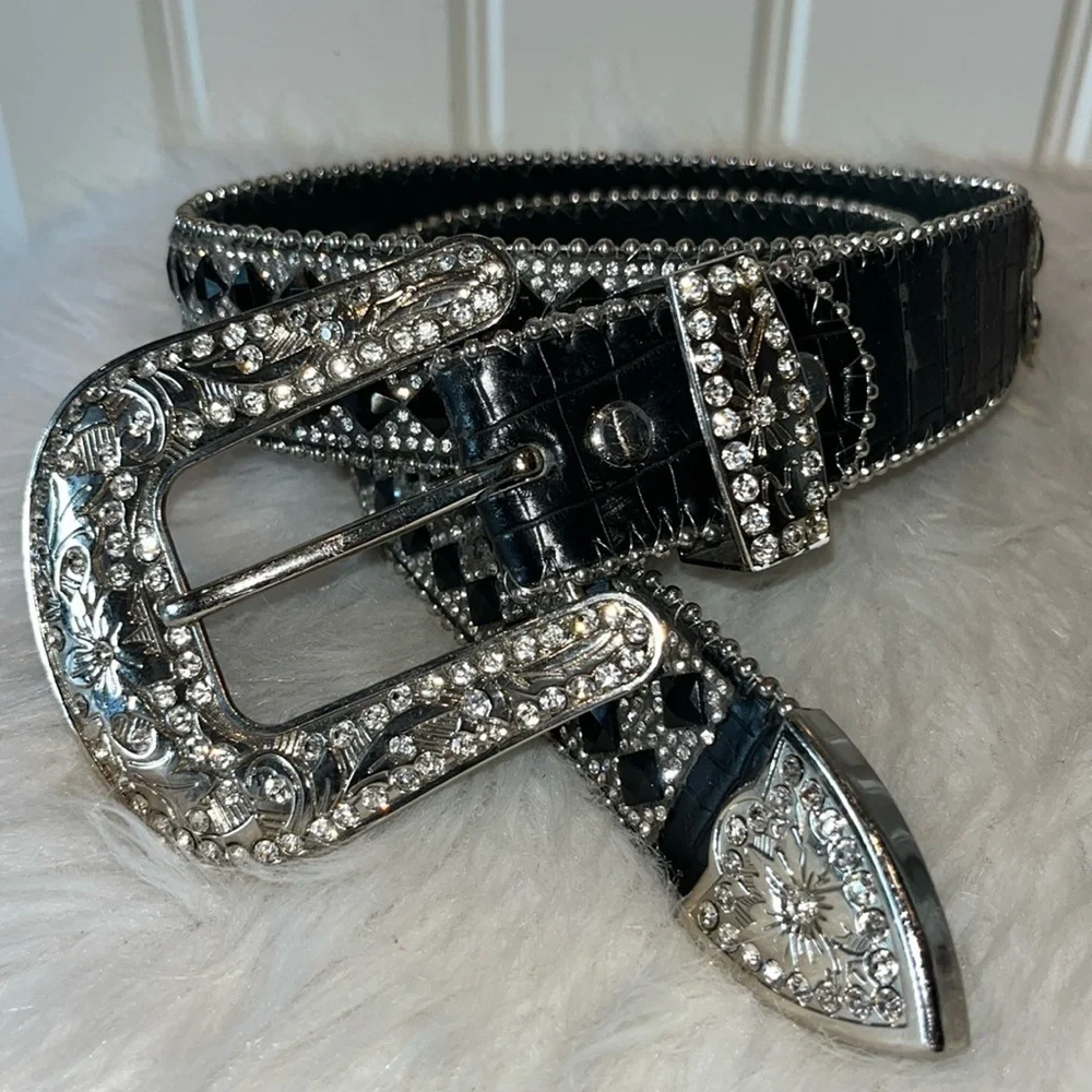 Bling embellished sparkly statement leather western cowgirl belt S/M